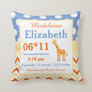 Giraffe Blue Yellow Baby Announcement Pillow