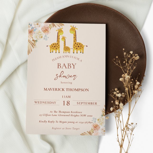 Giraffe Bohemian Dried Grass Baby Shower Invitation (Creator Uploaded)