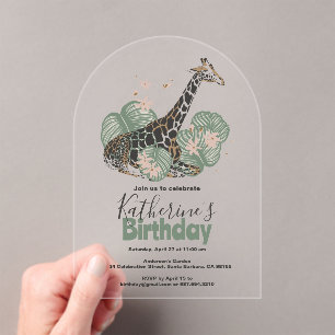Giraffe Botanical Greenery Animal Birthday Party  Acrylic Invitations