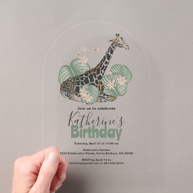 Giraffe Botanical Greenery Animal Birthday Party  Acrylic Invitations (Insitu (Handheld))