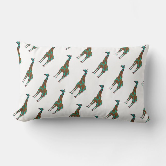 Giraffe Brown and Teal Print Lumbar Pillow (Front)