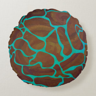 Giraffe Brown and Teal Print Round Pillow