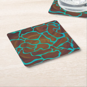 Giraffe Brown and Teal Print Square Paper Coaster