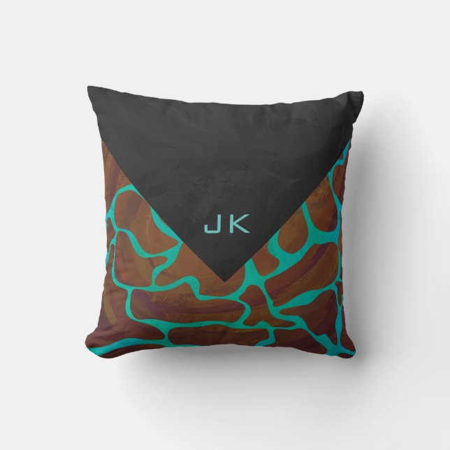 Giraffe Brown and Teal Print Throw Pillow (Front)