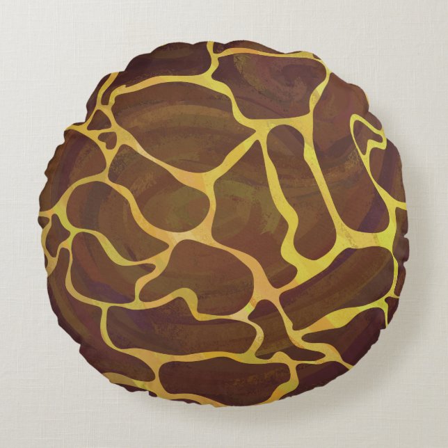 Giraffe Brown and Yellow Print Round Pillow (Front)
