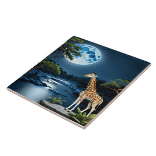 Giraffe By Moonlit River Under Starlit Sky Tile