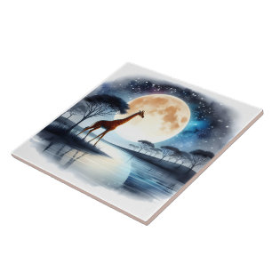 Giraffe by Serene Lake Under Full Moonlight Tile