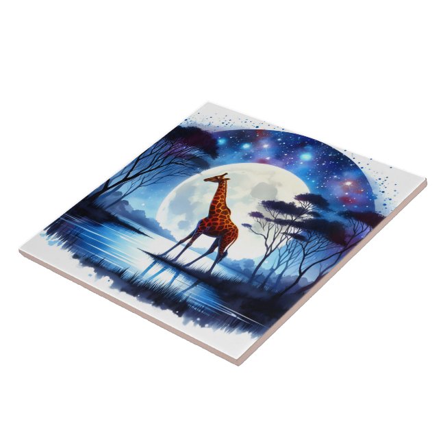 Giraffe by the Lake Under a Full Moon at Night Tile (Side)