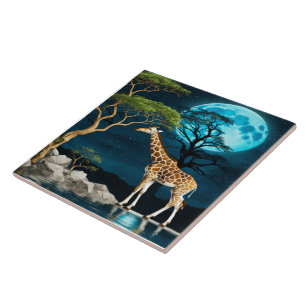 Giraffe by the Lake Under a Full Moon Night Tile