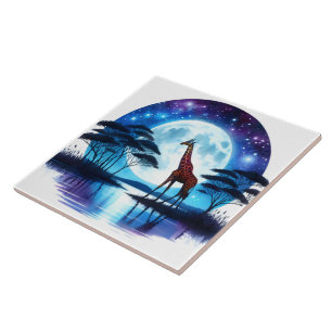 Giraffe by the Serene Lake Under a Full Moon Tile