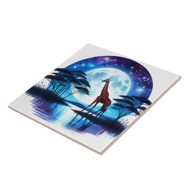 Giraffe by the Serene Lake Under a Full Moon Tile (Side)