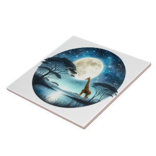 Giraffe by the Serene Moonlit Lake at Night Tile