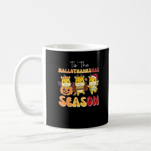 Giraffe Christmas Halloween Tis The Hallothanksmas Coffee Mug (Left)