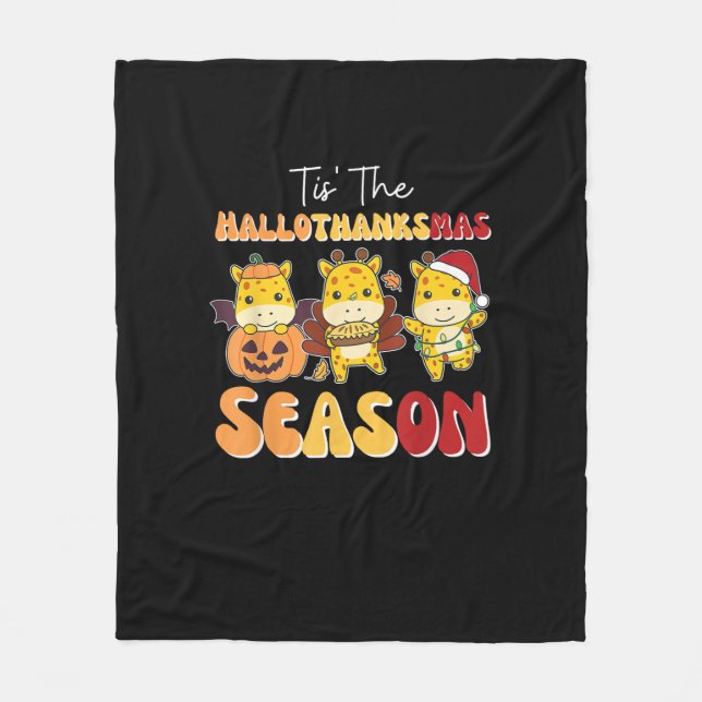 Giraffe Christmas Halloween Tis The Hallothanksmas Fleece Blanket (Front)