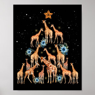 Giraffe Christmas Tree Floral Giraffe Xmas Lights Poster