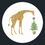 Giraffe Christmas Tree Star Classic Round Sticker<br><div class="desc">Illustration of a giraffe topping a Christmas tree with a star.</div>