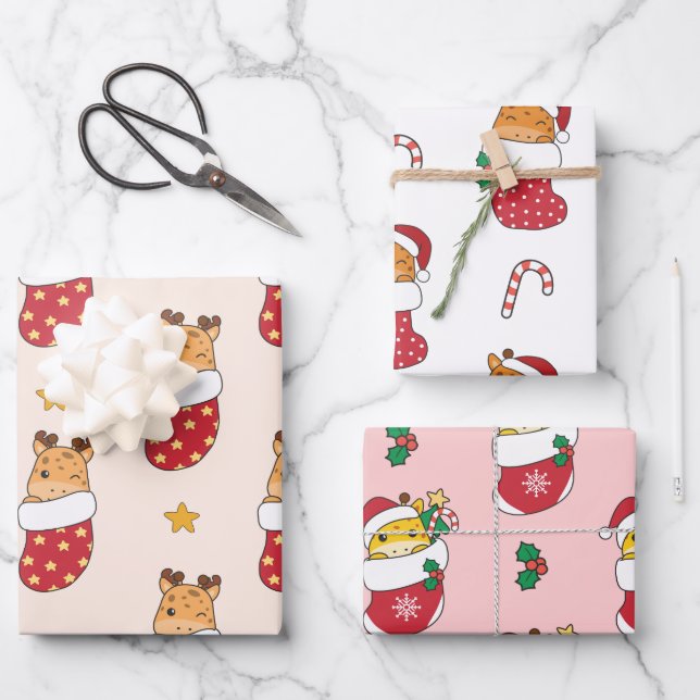 Giraffe Christmas Winter Animals Holiday Giraffes Wrapping Paper Sheet (Front)