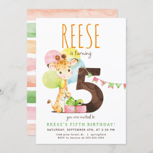 Giraffe Cinquième anniversaire Fête Invitation