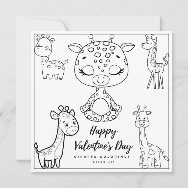 Giraffe Colouring Page Girl Card Valentine's Day (Front)