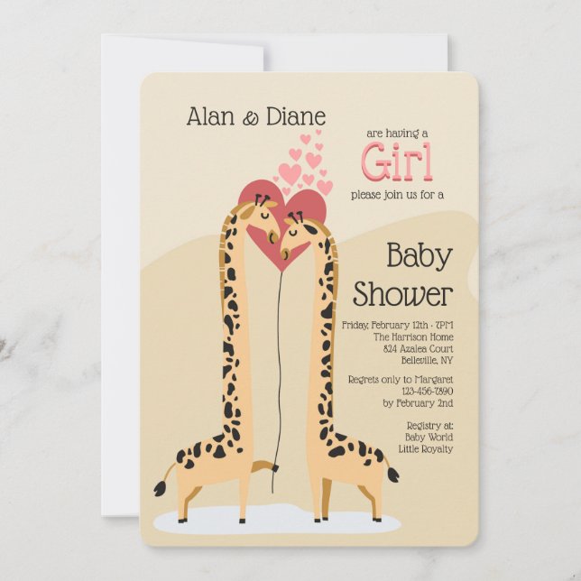 Giraffe Couple fille Baby shower Invitation (Devant)