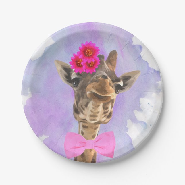 Giraffe cute funny wild jungle animal watercolor paper plate (Front)