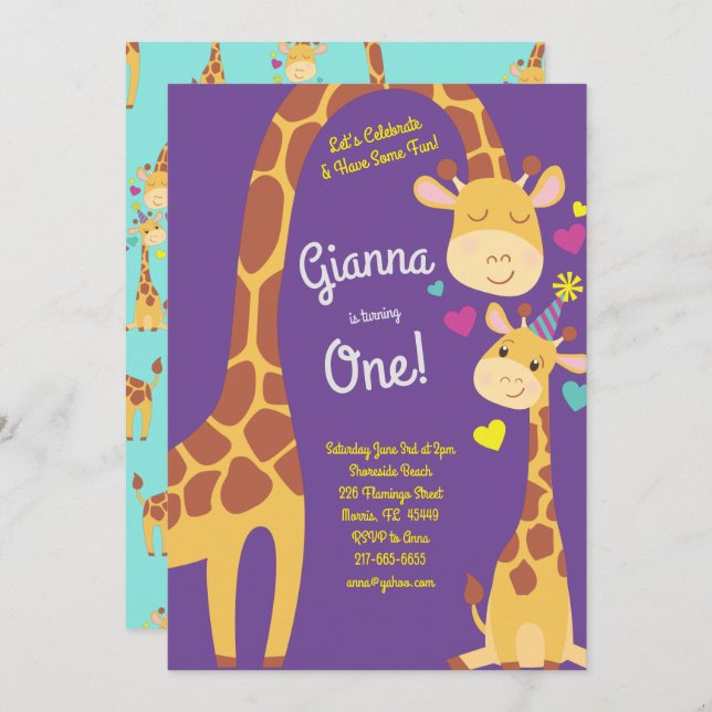 Giraffe Cute Kids 1er Anniversaire Fête Invitation (Devant / Derrière)