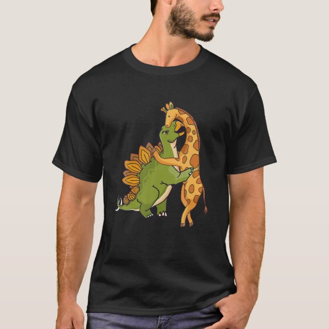 Giraffe Dinosaur Hug Love Dino Animals Safari Hall T-Shirt (Front)