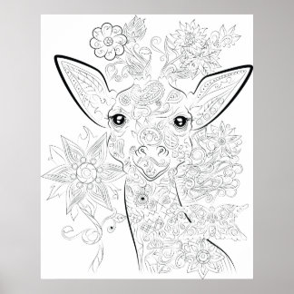 giraffe drawing adult colouring poster