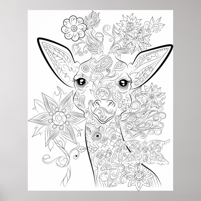giraffe drawing adult colouring poster (Front)