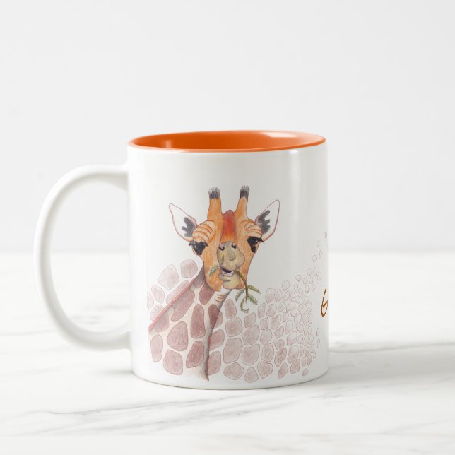 Giraffe drawing with caption: Giraffe a cuppa joe? Two-Tone Coffee Mug (Left)
