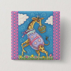 GIRAFFE, EASTER EGGS & TULIPS HOLIDAY BUTTON Squ