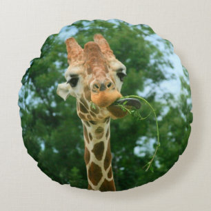 Giraffe Eating Weeds Round Throw Pillow