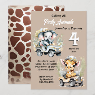 Giraffe elephant jungle safari wild animals kids invitation