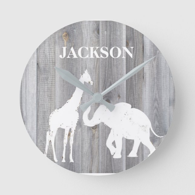 Giraffe & Elephant On Grey Wood Baby Room Clock (Front)