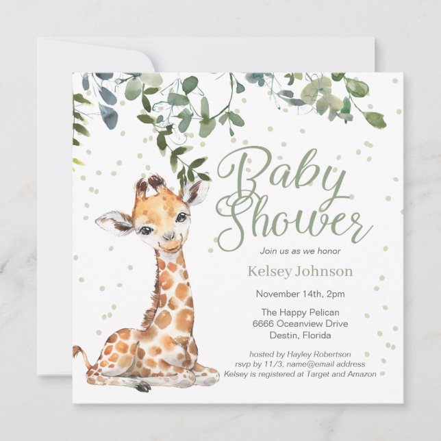 Giraffe Eucalyptus Greenery Neutral Baby Shower  Invitation (Front)