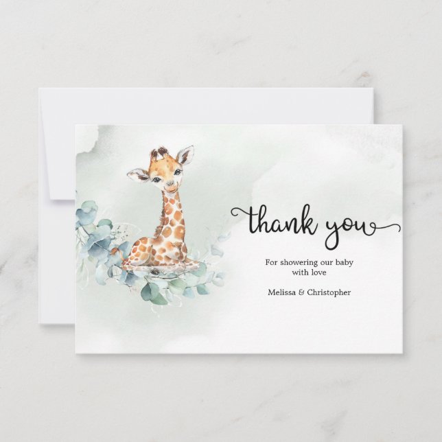 Giraffe eucalyptus greenery wreath gender neutral thank you card (Front)