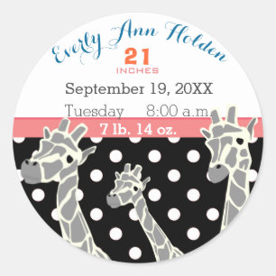 Giraffe Family Baby Girl Birth Record Birth Stats Classic Round Sticker