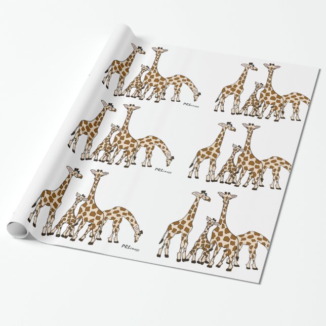 Giraffe Family In Brown and Beige Wrapping Paper (Unrolled)