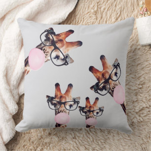 Giraffe Family Wearing Glasses Blowing Bubble gum Throw Pillow