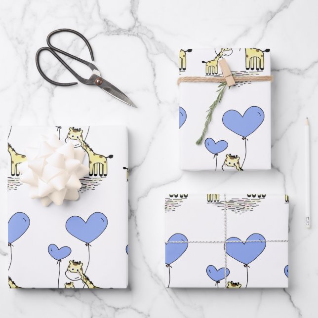 Giraffe Family With Blue Heart Balloons Wrapping Paper Sheet (Front)