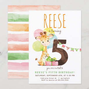 Giraffe Fifth Birthday Party Invitation