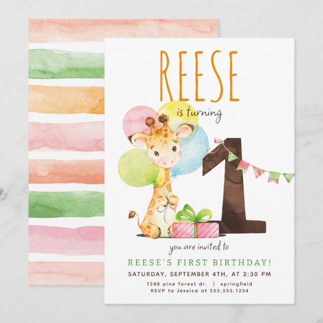 Giraffe First Birthday Party Invitation (Front/Back)
