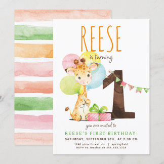 Giraffe First Birthday Party Invitation
