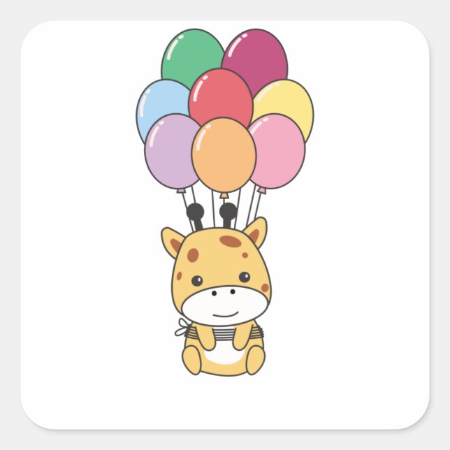 Giraffe Flies Up With Colourful Balloons Square Sticker (Front)