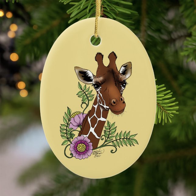 Giraffe Flowers Yellow Cute Wildlife Ceramic Ornament (Creator Uploaded)