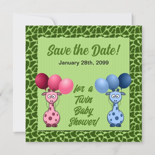 Giraffe Fraternal Twins Baby Shower Save The Date (Front)