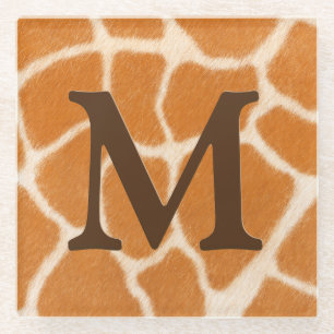 Giraffe Fur Animal Print Dark Brown Monogrammed Glass Coaster