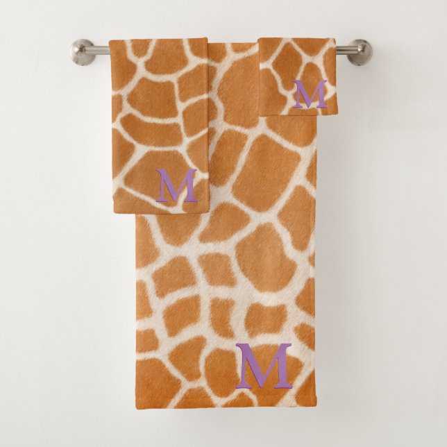 Giraffe Fur Realistic Animal Print Purple Monogram Bath Towel Set (Insitu)