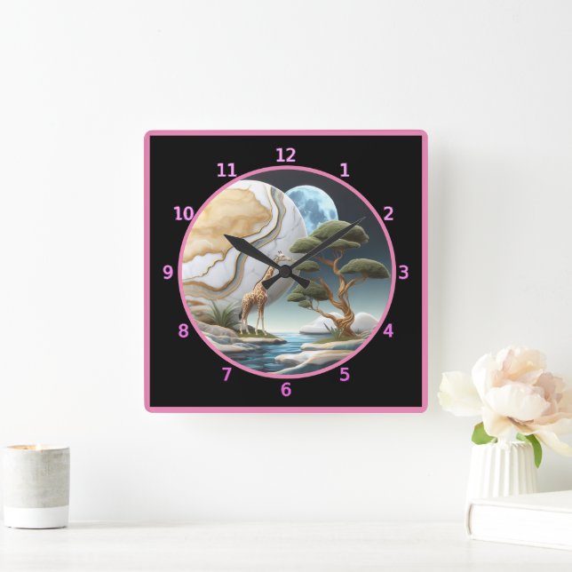 Giraffe gazes at the moonlit waters of Africa Square Wall Clock (Home)