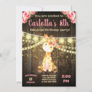 Giraffe girl birthday invitation, brown wood. invitation